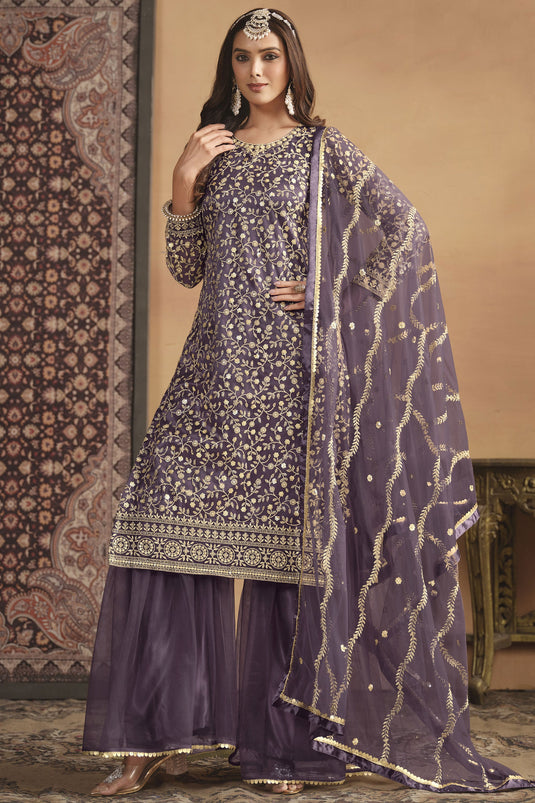 Festive Wear Purple Color Aristocratic Net Fabric Palazzo Suit
