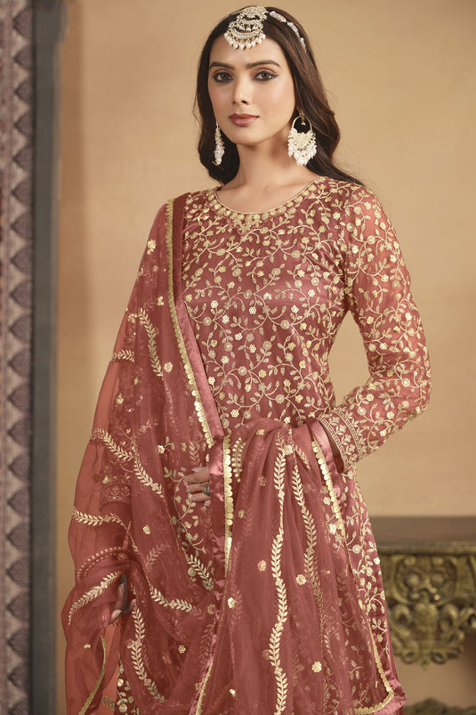 Imperial Peach Color Net Fabric Palazzo Suit In Festive Wear