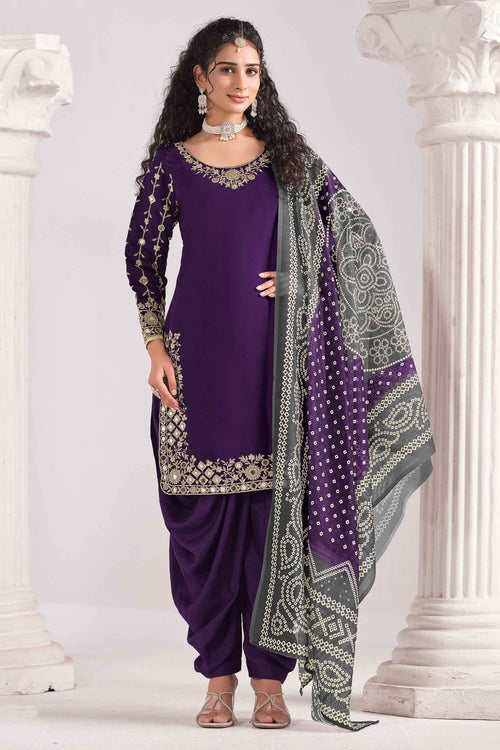 Purple Art Silk Punjabi Style Salwar Kameez With Dupatta
