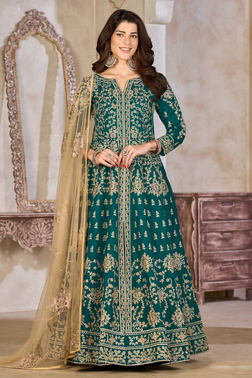 Art Silk Embroidered Work Teal Designer Long Flair Anarkali Suit