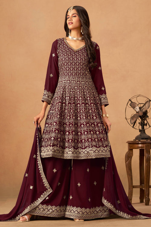 Maroon Georgette Palazzo Suit