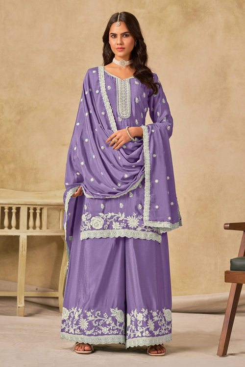 Purple Chinon Palazzo Suit With Dupatta