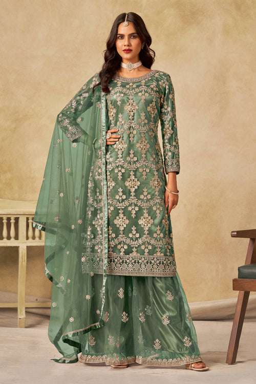 Sea Green Net Designer Sharara Palazzo Salwar Kameez