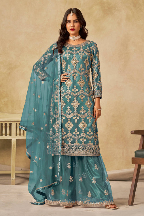 Net Cyan Designer Palazzo Salwar Suit