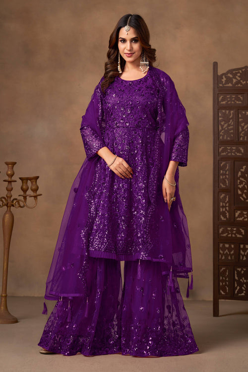 Sequins Embroidered Net Purple Festive Wear Palazzo Suit With Dupatta