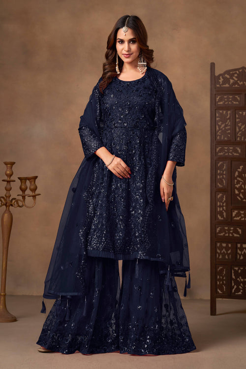 Navy Blue Function Wear Net Sequins Embroidered Palazzo Suit