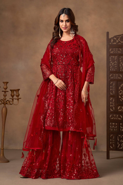 Net Sequins Embroidered Red Festive Wear Palazzo Suit With Dupatta