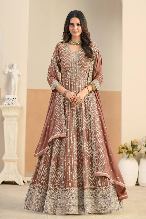 Embroidered Georgette Rust Readymade Anarkali Suit For Festive Wear