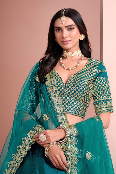 Sequins Work Art Silk Fabric Teal Color Lehenga Choli
