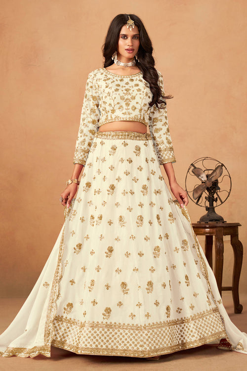 Organza Lehenga Choli With Embroidered In Off White Color