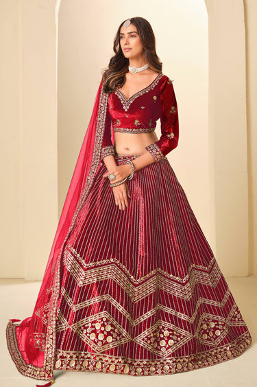 Red Wedding Wear Velvet Embroidered Lehenga Choli