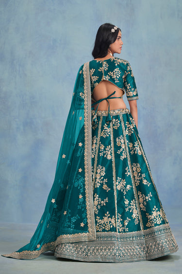 Art Silk Fabric Wedding Wear Embroidered Lehenga Choli In Teal Color