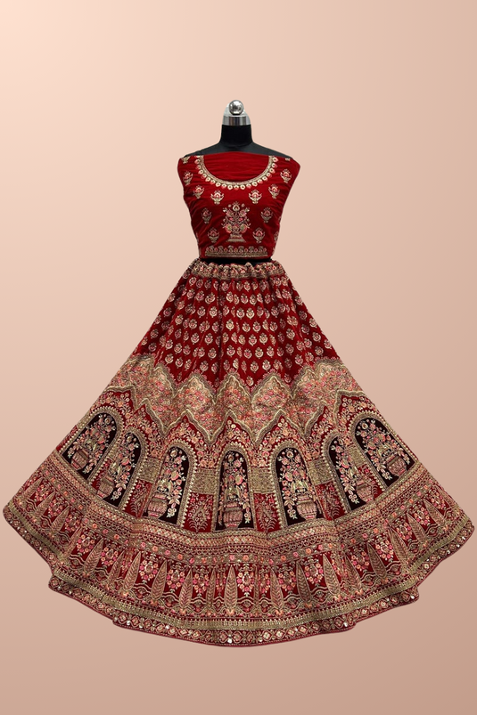 Trendy Thread Embroidered Velvet Fabric Red Bridal Look Lehenga