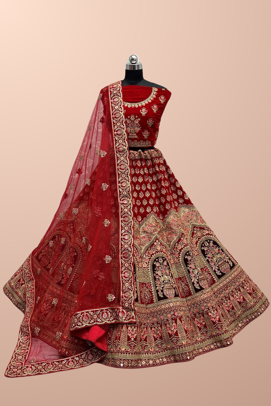 Trendy Thread Embroidered Velvet Fabric Red Bridal Look Lehenga