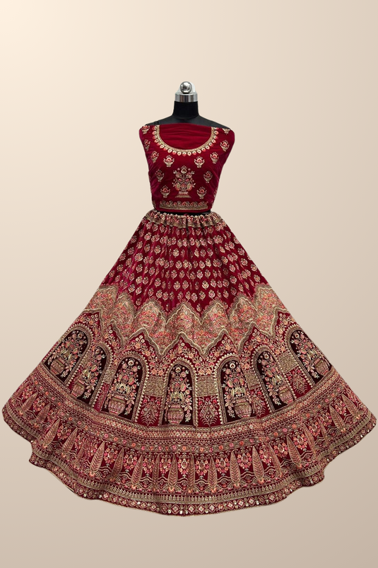 Exclusive Thread Embroidered Pink Color Bridal Look Lehenga In Velvet Fabric