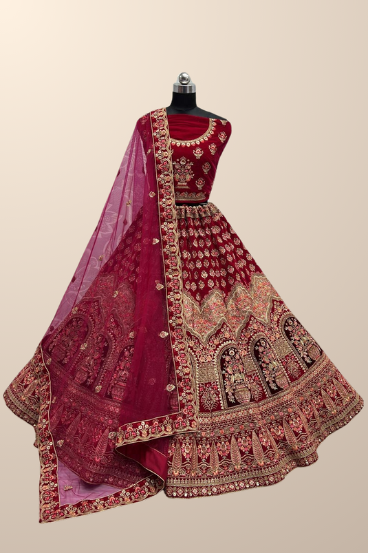 Exclusive Thread Embroidered Pink Color Bridal Look Lehenga In Velvet Fabric