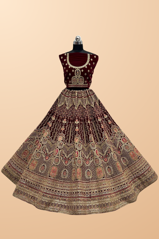 Maroon Color Exquisite Thread Embroidered Bridal Lehenga In Velvet Fabric