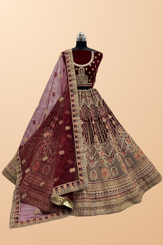 Maroon Color Exquisite Thread Embroidered Bridal Lehenga In Velvet Fabric