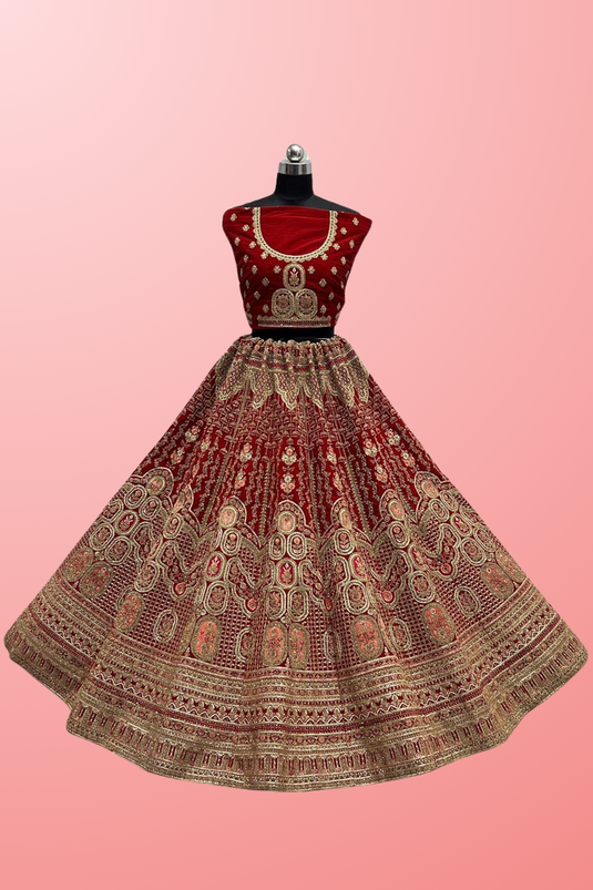 Attractive Velvet Fabric Red Bridal Look Thread Embroidered Lehenga
