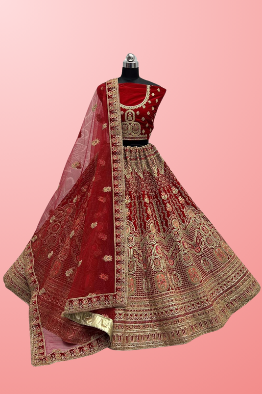 Attractive Velvet Fabric Red Bridal Look Thread Embroidered Lehenga