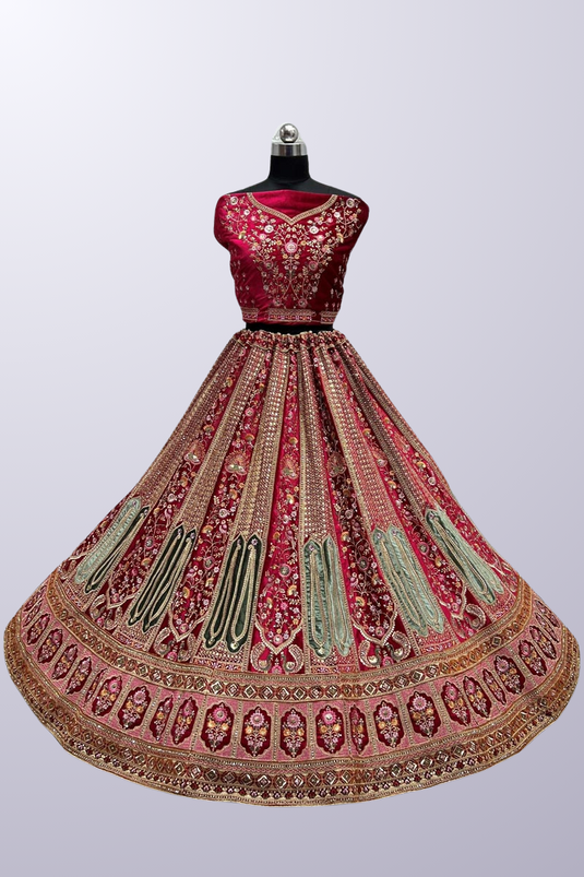 Thread Embroidered Fashionable Pink Color Velvet Bridal Lehenga