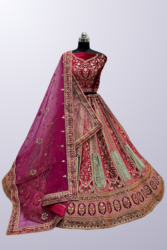 Thread Embroidered Fashionable Pink Color Velvet Bridal Lehenga