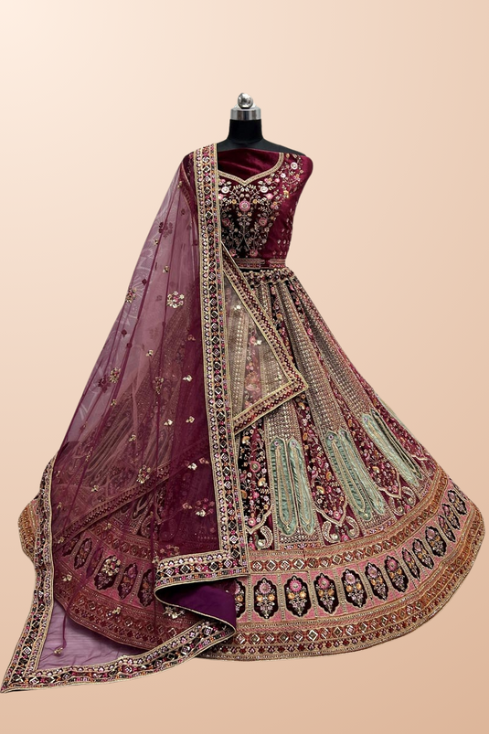 Purple Color Thread Embroidered Glamorous Velvet Bridal Lehenga