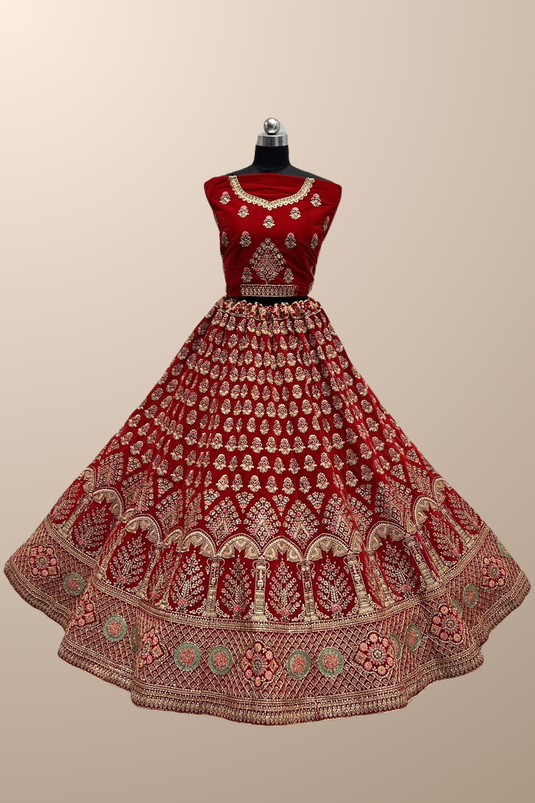 Shop Online Zari Velvet Lehenga Choli in Red : 97850 - Bridal Lehenga Choli
