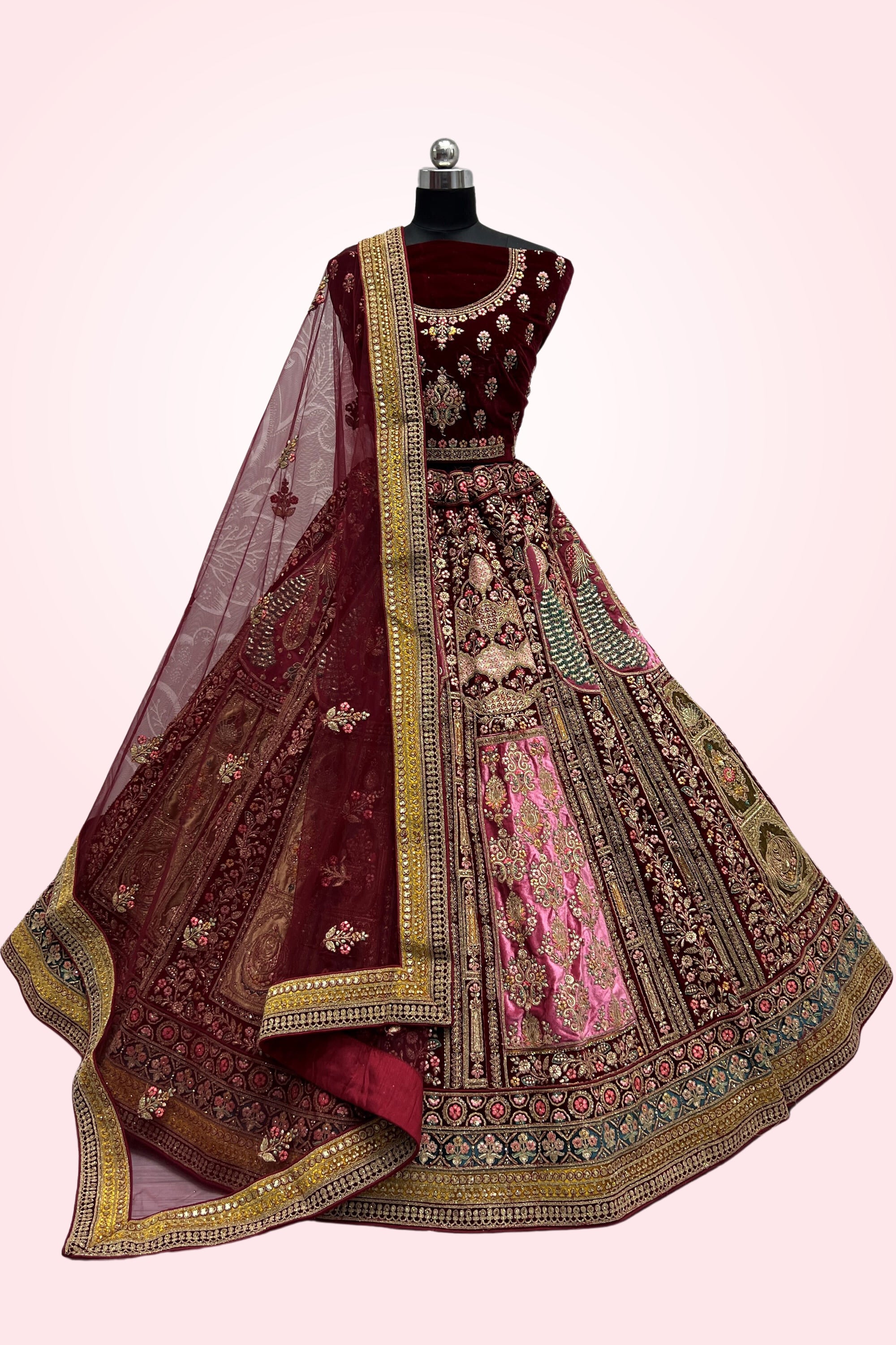 FABPIXEL Maroon & Pink Embroidered Bridal Lehenga Choli Set With Dupatta -  Absolutely Desi