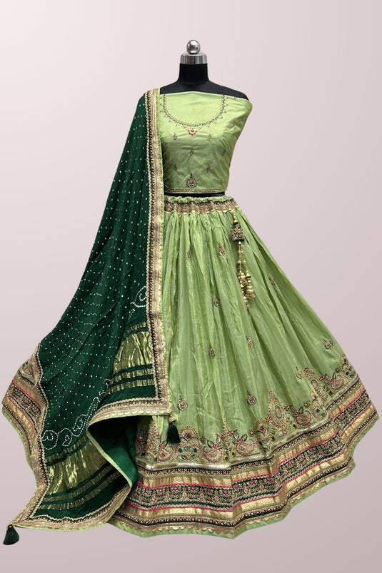 Green Color Embroidered Work Luminous Lehenga In Dola Silk Fabric