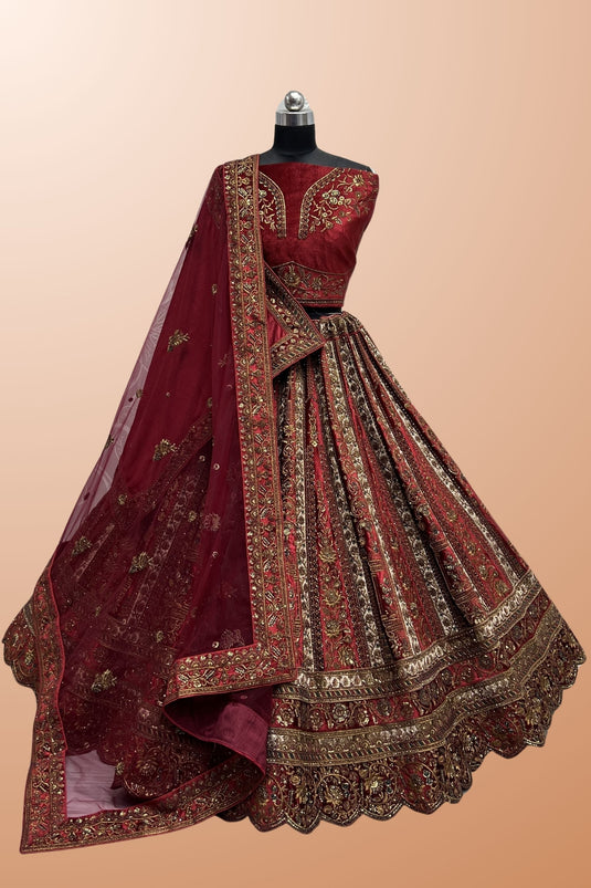 Velvet Fabric Red Color Magnificent Lehenga With Double Dupatta