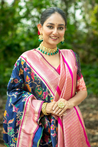 Navy Blue Banarasi Silk Festive Wear Weaving Work Reach Saree