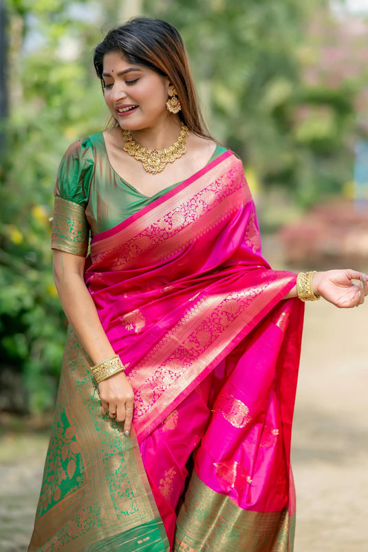 Delightful Rani Color Zari Weaving Rich Pallu Tussar Silk Party Wear Saree