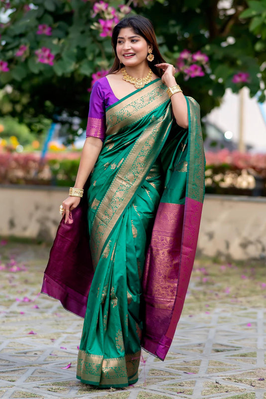 Sangeet Wear Tussar Silk Zari Weaving Rich Pallu Green Color Saree