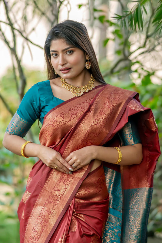 Adorable Maroon Color Function Wear Tussar Silk Zari Weaving Rich Pallu Design Saree
