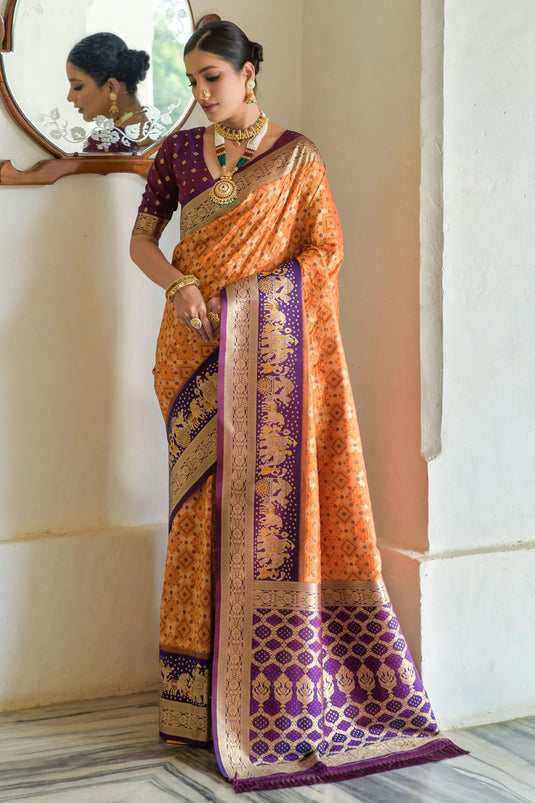 Traditional Banarasi Silk Weaving Work Orange Color Saree