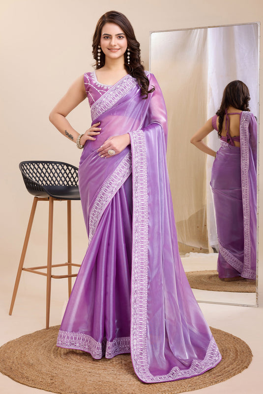 Graceful Festival Wear Border Work Lavender Color Art Silk Saree