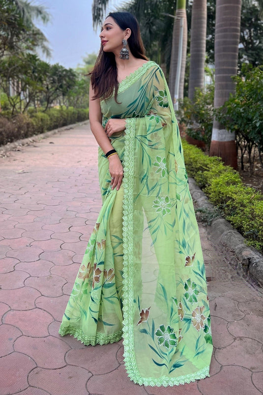 Floral Print On Sea Green Color Fashionable Saree In Fancy Fabric