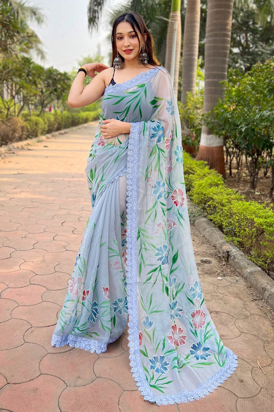 Floral Print Fancy Fabric Casual Saree In Grey Color