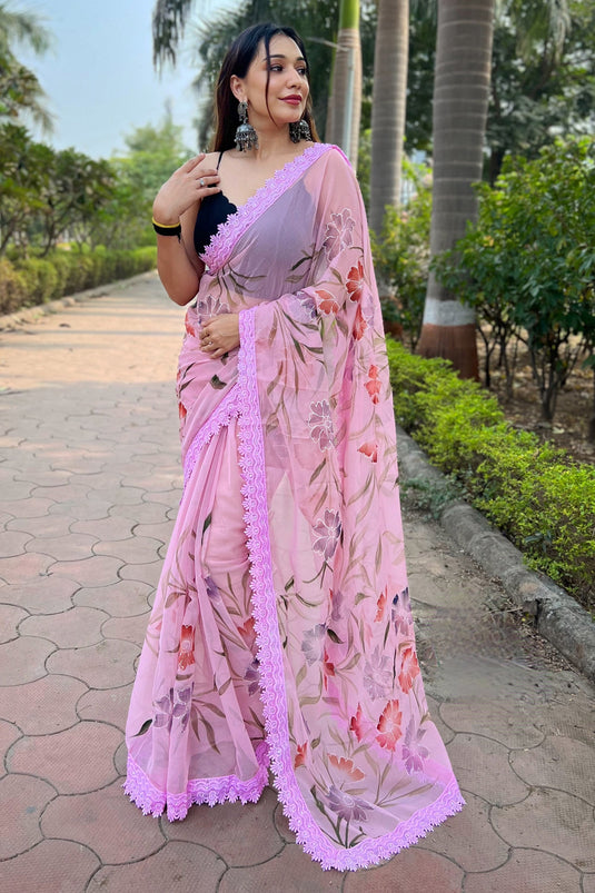 Pink Color Floral Print Fancy Fabric Daily Wear Saree
