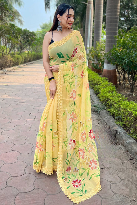 Yellow Color Fancy Fabric Floral Print Stylish Saree