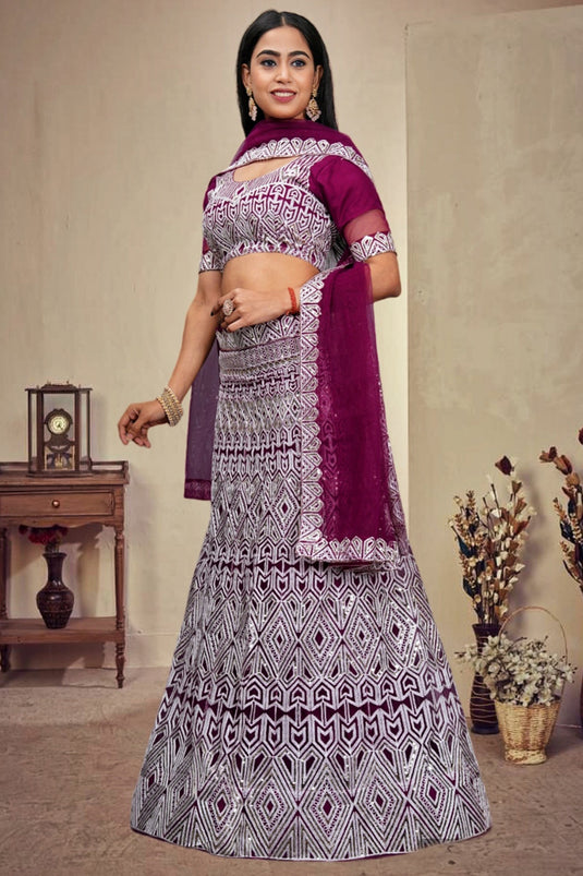 Magenta Color Net Fabric Tempting Sequins Work Lehenga