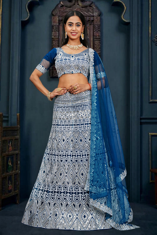 Alluring Net Fabric Blue Color Sequins Work Lehenga