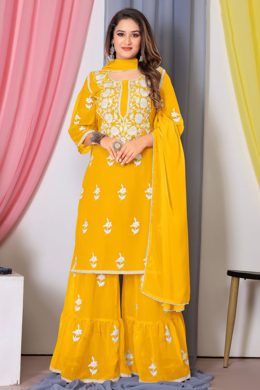 Yellow Color Georgette Fabric Beautiful Embroidered Palazzo Suit