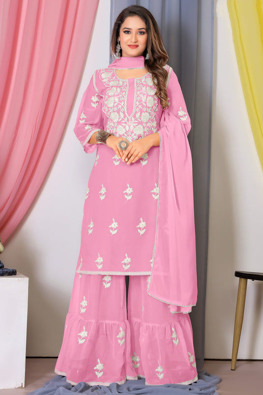 Pink Color Georgette Fabric Embroidered Tempting Palazzo Suit
