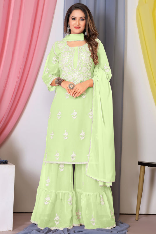 Sea Green Color Georgette Fabric Embroidered Awesome Palazzo Suit