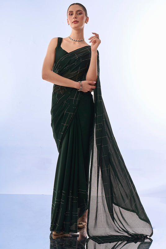 Embellished Green Color Swarovski work Fancy Fabric Saree