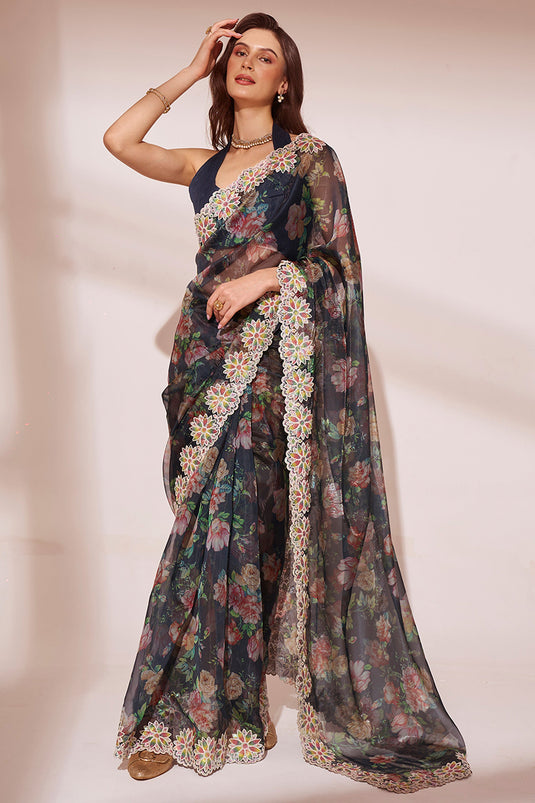 Fashionable Black Color Swarovski work Fancy Fabric Saree