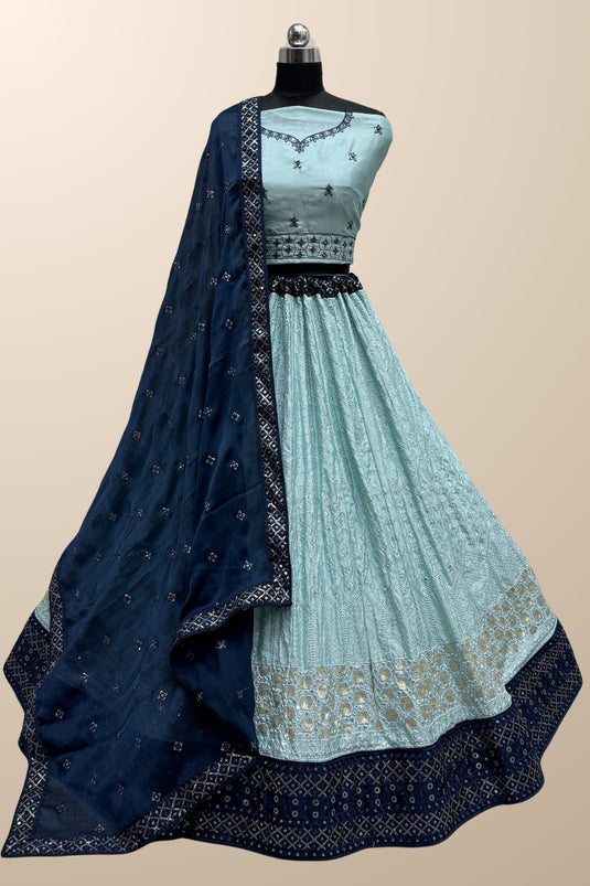 Sky Blue Color Exquisite Sequins Work Lehenga In Georgette Fabric