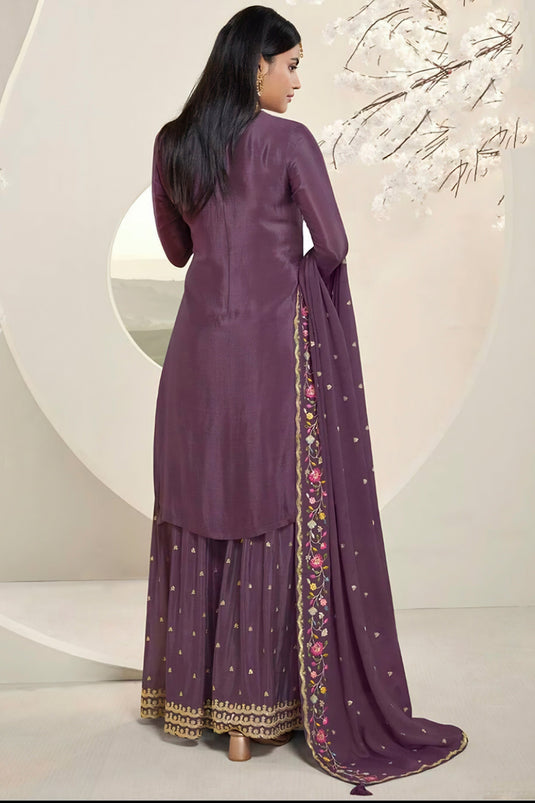 Purple Color Chinon Fabric Adorming Embroidered Sharara Suit